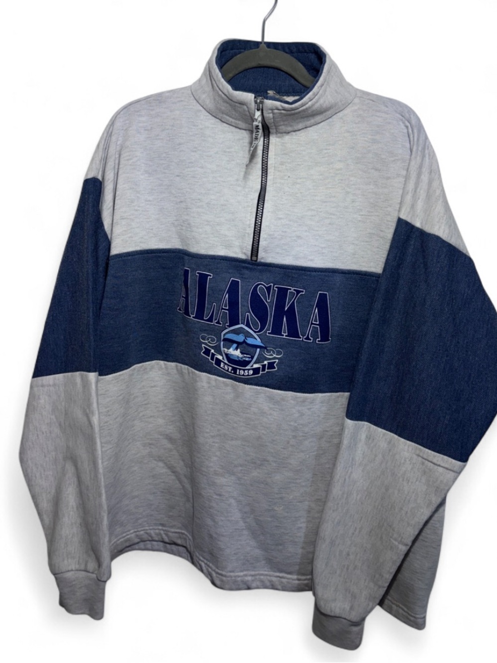 Vintage 90s Alaska Colorblock Quarter-Zip Pullover Sweatshirt Blue Grey XXL